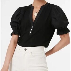 Pomander Place Black Ribbed Mixed Media Puff Sleeve Button Top XS Y22610T